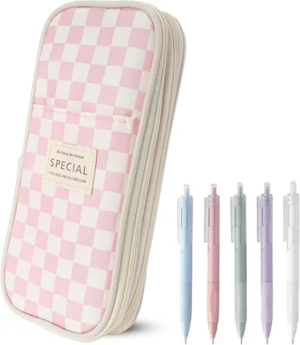 Miniatura 8 de Estuche para lápices de gran capacidad con 5 bolígrafos de gel negros (rosa) Expandable, Water-resistant, 4-compartment design, Versatile, Quality