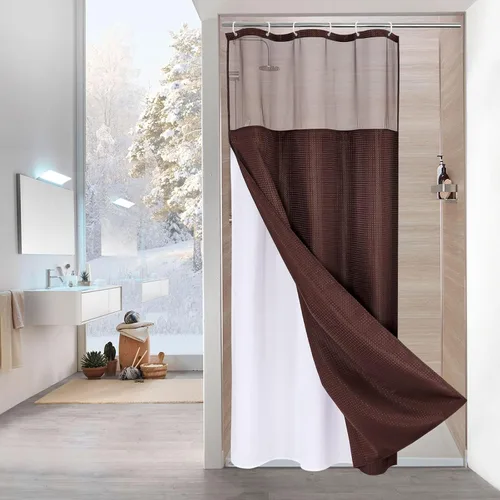 Miniatura 15 de MitoVilla Cortina de ducha pequeña beige de 36 x 72 pulgadas, juego de cortina de ducha de tela de punto gofre de tamaño medio estrecho con forro