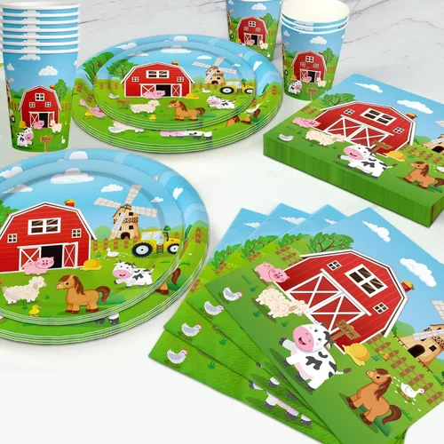 Miniatura 3 de 150 piezas de decoración de fiesta de cumpleaños de animales de granja, platos de granja, vajilla, granero, suministros para fiesta de cumpleaños
