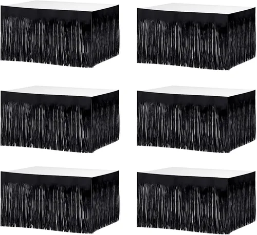 6 faldas de mesa de oropel con flecos metálicos negros de 9 pies x 29.5 pulgadas para mesas rectangulares, cortinas de fondo de oropel, suministros