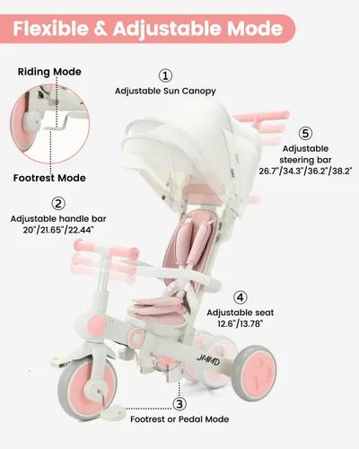 Miniatura 4 de JMMD - Triciclo para bebé 7 en 1 plegable con mango ajustable para padres, arnés de seguridad y frenos de rueda, toldo extraíble, triciclo de paseo