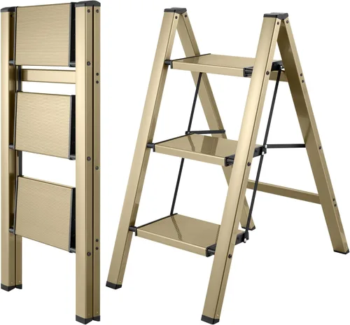 Escalera plegable de 3 peldaños con acabado dorado champán, trípode antideslizante, máximo 330 libras