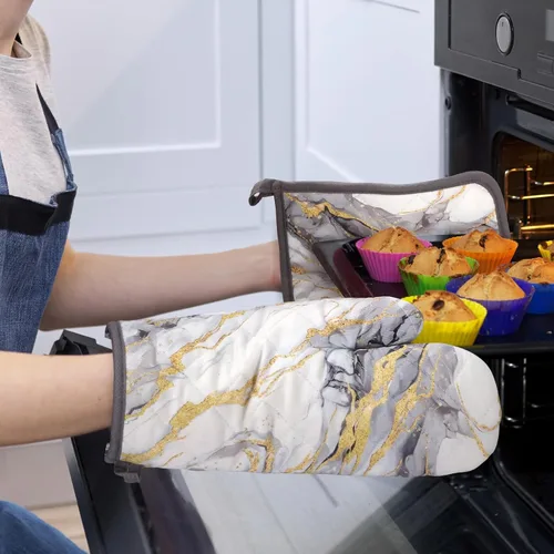 Miniatura 6 de Juego de 4 manoplas de horno y soportes para ollas de mármol de oro blanco, 100% algodón, resistentes al calor, guantes de horno extralargos