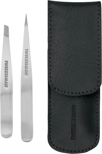 Tweezerman Juego de pinzas pequeñas con estuche de viaje, pinzas de punta e inclinación, pinzas para viaje (caja negra)