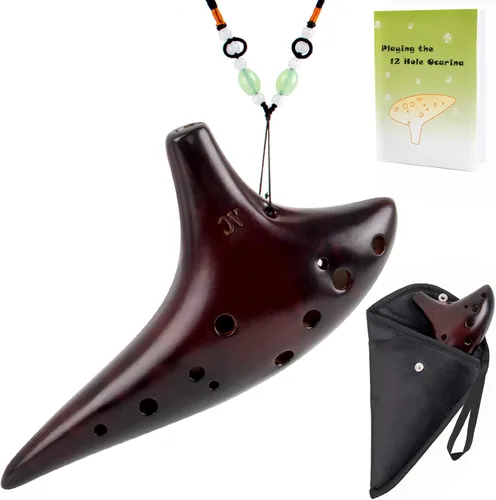 AKLOT - Ocarina de 12 agujeros, Alto C, de cerámica ahumada, con bolsa protectora, libro de canciones para principiantes, para mayores de 15 años