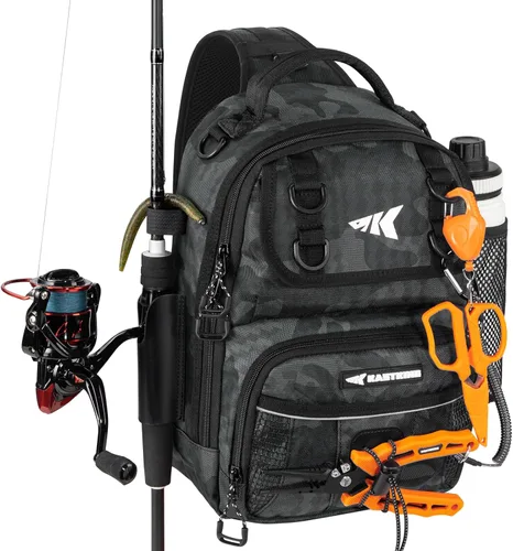KastKing Bolsa de Pesca con Eslinga BaitSpace, Mochila de Pesca con Soporte para Caña y Bebidas, Bolsa de Aparejos para Equipo de Pesca A: camuflaje