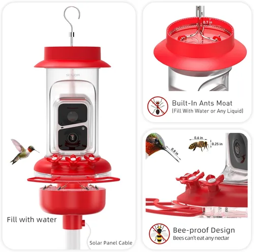 Miniatura 8 de Soliom Comedero de colibríes con cámara, comedero inteligente para pájaros con vista en vivo 2K, identificación de especies AI, a prueba de fugas