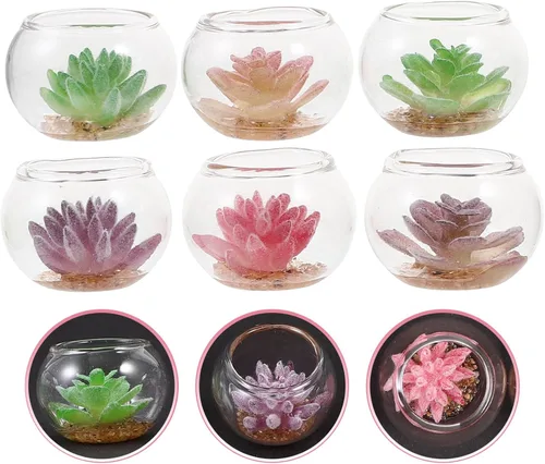 Miniatura 6 de jojofuny 6 plantas en maceta en miniatura, mini suculentas en maceta, planta artificial de casa de muñecas, macetas en miniatura, pequeñas plantas