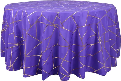 Miniatura 7 de Efavormart - Mantel redondo de poliéster de 120 pulgadas con patrón geométrico dorado Morado