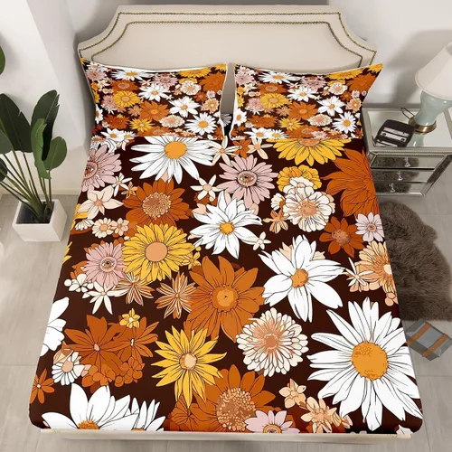 Miniatura 6 de Juego de ropa de cama con diseño floral bohemio, tamaño individual, diseño retro de flores groovy, 60S y 70S, diseño de flores hippie para niños