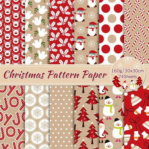 Miniatura 8 de Whaline 24 hojas de papel con patrón de Navidad, Papá Noel, reno, muñeco de nieve, álbum de recortes, papel especial de estraza de doble cara