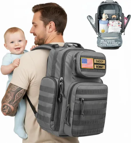 Miniatura 12 de MIRACOL Bolsa de pañales militar al aire libre: mochila de bebé de estilo táctico con bolsillos aislados y cambiador - Esenciales de senderismo