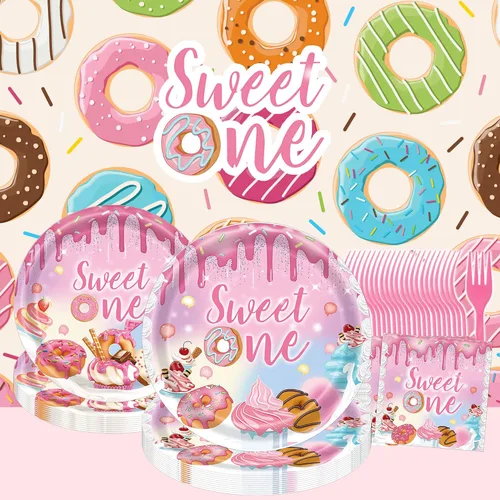 Miniatura 7 de Decoraciones de primer cumpleaños para niña, suministros de fiesta de cumpleaños con temática de donas Sweet One Grow Up - 96 piezas, sirve 24