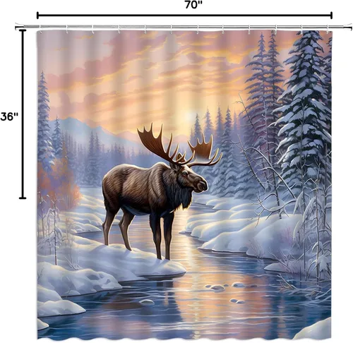 Miniatura 6 de GCTNBJL Cortina de ducha con diseño de alce y bosque de invierno, pino, ciervo, alce, nieve, lago, puesta de sol, naturaleza, escénico, Navidad