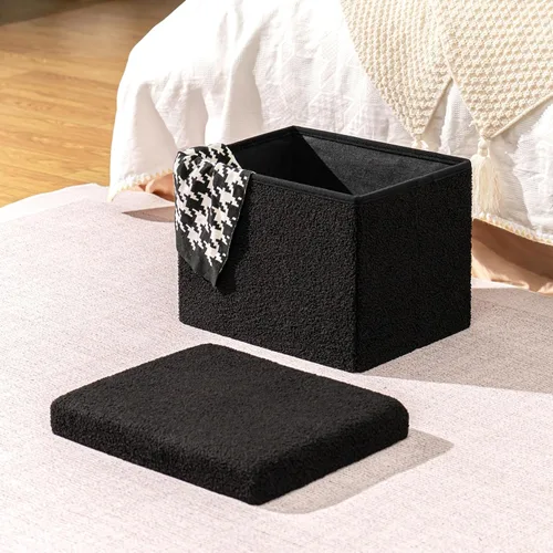 Miniatura 2 de B FSOBEIIALEO - Otomana de almacenamiento en forma de cubo pequeña, reposapiés de Sherpa, otomanas plegables portátiles de bouclé, piel sintética