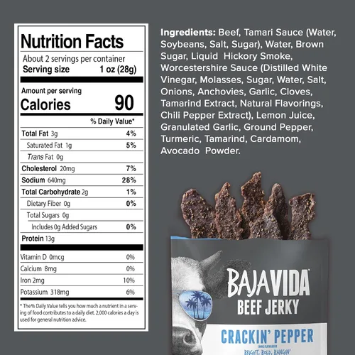Miniatura 3 de Baja Beef Jerky - Cecina de res 100% natural, cetogénica, sin gluten, cecina artesanal baja en calorías, 0.46 oz de proteína por porción, sin