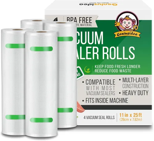 Bolsas selladoras al vacío para guardar alimentos, paquete de 4 rollos de 11 pulgadas x 25 pies, grado comercial, preparación de comidas, aptas para