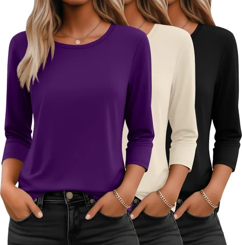 Miniatura 24 de Ficerd Paquete de 3 camisetas de manga 3/4 para mujer, cuello redondo, camisetas básicas elegantes, casuales, modernas, holgadas
