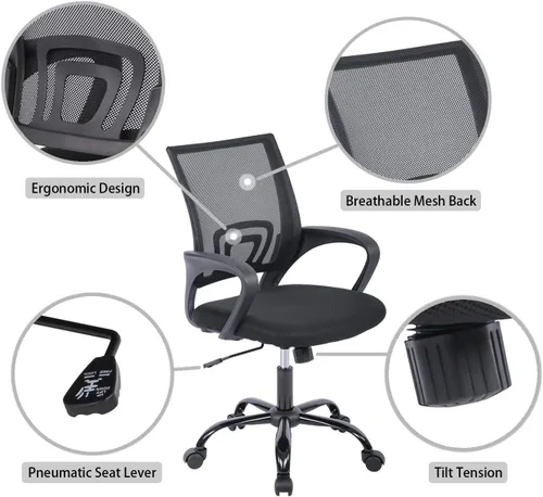 Miniatura 6 de Silla de oficina en casa, silla de escritorio ergonómica, silla de computadora de malla con soporte lumbar, reposabrazos, sillas de escritorio Negro