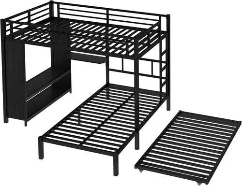 Miniatura 6 de Full Over Twin Bunk Bed with Trundle and Ladders, Metal Bunk Bed Frame with Built-in Foldable Desk & Wardrobe, Space-Saving Beds for Kids Teens