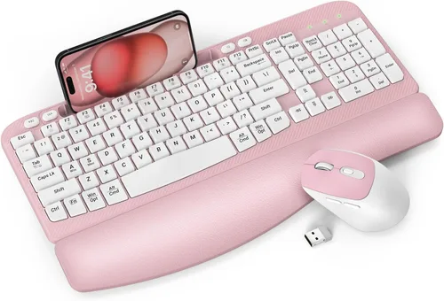 Miniatura 13 de Combo de teclado y mouse inalámbrico, teclado ergonómico de tamaño completo con teclas de onda, reposa muñeca acolchado, soporte para teléfono