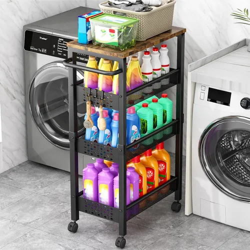Miniatura 9 de Vivihomety Carrito de Almacenamiento Delgado Utilitario con Ruedas, Carrito Rodante Pequeño de 4 Niveles con Parte Superior de Madera, Carro