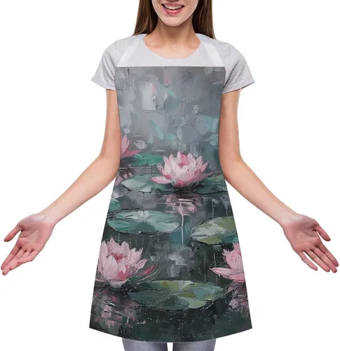 Miniatura 3 de MUSM Apron for Adults - 27.6 X 31.5 Inch, Heavy-Duty Polyester Aprons with Two Large Pockets, Waterproof Peach Water Lily Painting Kitchen Apron for