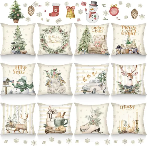 Ganeen Juego de 12 fundas de almohada navideñas de 18 x 18 pulgadas, decoración de acuarela, muñeco de nieve, ciervo, guantes, patines, camiones,