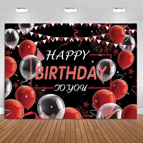 Miniatura 3 de CGXINS Fondo de fotografía de cumpleaños blanco rojo y negro de 7 x 5 pies, globo de confeti para decoración de fiesta de cumpleaños, aniversario