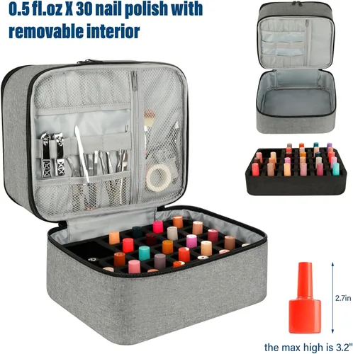 Miniatura 4 de Bolsa organizadora de esmalte de uñas, organizador de suministros de uñas de doble capa con capacidad para 30 botellas y lámpara de uñas, estuche