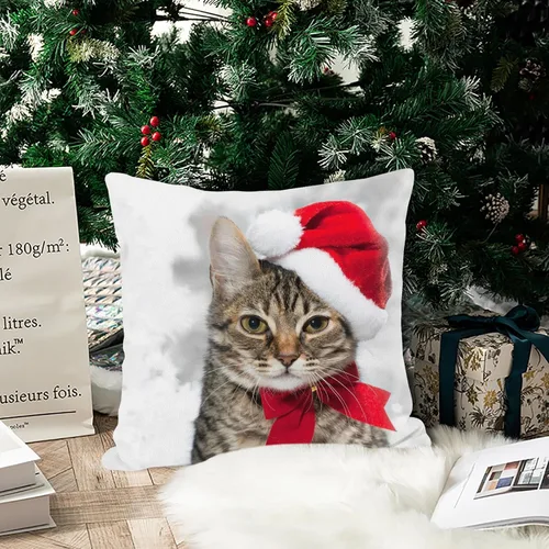 Miniatura 4 de SPXUBZ - Funda de almohadón navideño con gato de vacaciones de invierno con gorro rojo de Santa, funda cuadrada para sofá, cama, silla o sofá cama