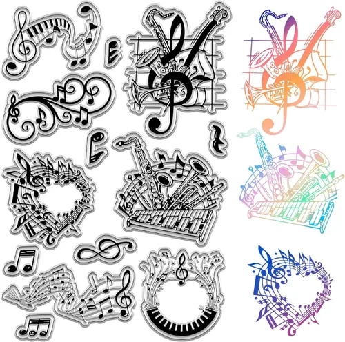 CRASPIRE Sellos transparentes de notas musicales, sellos de goma para instrumentos de piano vintage, fondo reutilizable, sello de silicona