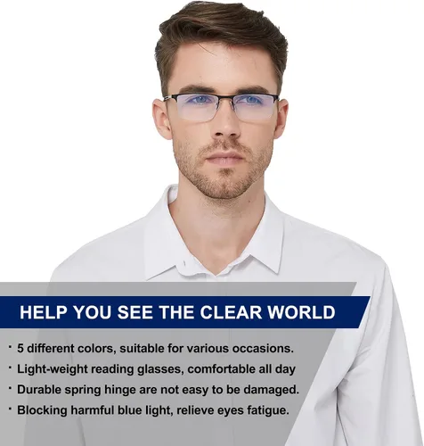 Miniatura 5 de LOUOL READERS para Hombres Lentes de Lectura con Bloqueo de Luz Azul, Lentes de Marco Medio de Metal con Bisagra de Resorte, Pack de 3