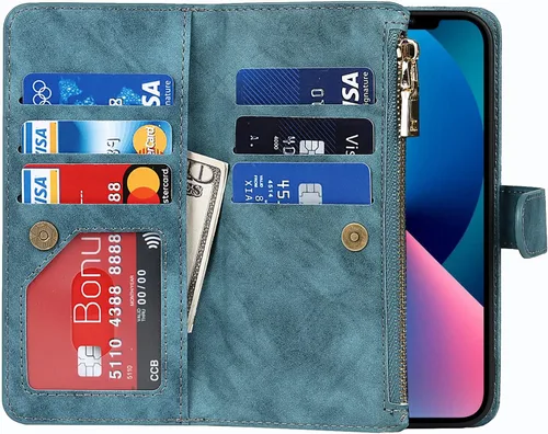 Miniatura 5 de Funda para iPhone 13/14 con tarjetero para mujeres y hombres, con soporte para iPhone 14 con correa de hombro, funda de piel con cremallera y Cordón