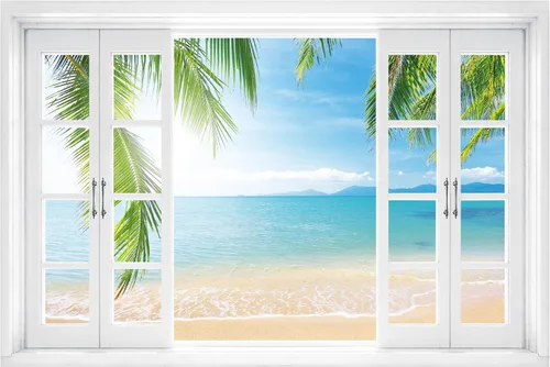 FLFK Calcomanía de pared falsa para ventana, diseño de vista tropical del océano para despegar y pegar, 24 x 16 pulgadas