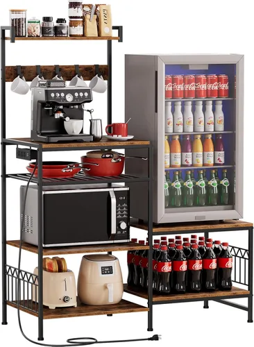 Portin Mini soporte para nevera, gabinete de barra de café con toma de corriente, mini refrigerador y soporte para microondas con ganchos en S, 7