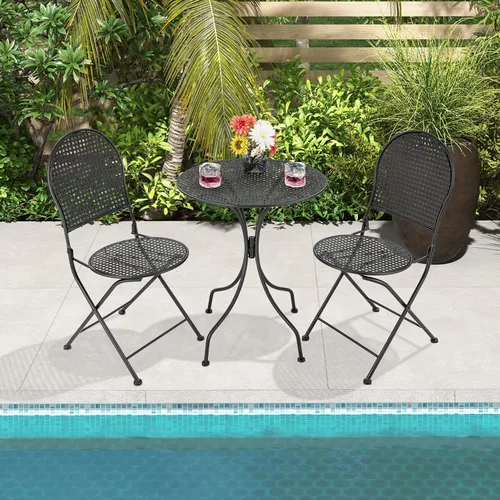 Miniatura 2 de Giantex Juego de mesa de comedor de 3 piezas, juego de mesa de comedor al aire libre para 2, 1 mesa redonda con 2 sillas plegables, resistente al