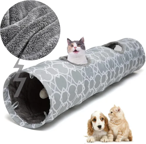 Túnel Geométrico Recto para Gatos con Felpa en el Interior, Juguetes para Gatos Túnel Plegable con Pelotas, para Conejos, Gatitos, Hurones,