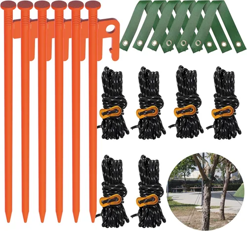 Miniatura 10 de Estaca Resistente para Tienda de Campaña de 12 Pulgadas, Paquete de 4 con Cuerdas Tensoras de Campamento, Estacas de Patio para Toldo, Estacas