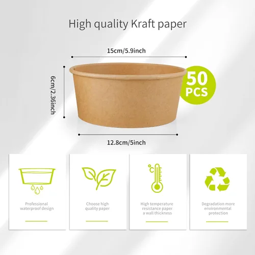 Miniatura 2 de Paquete de 50 cuencos de papel de 25 onzas, cuencos de sopa desechables, cuencos de ensalada resistentes, hechos de papel kraft de grado