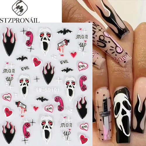 Miniatura 2 de 6 hojas de calcomanías de arte de uñas de Halloween, 5D estéreo, autoadhesivas, diseño de ojos holográficos, fantasma, llama, calabaza, día