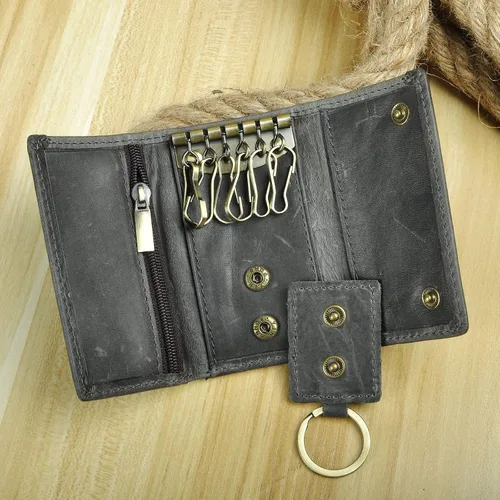 Miniatura 2 de Le'aokuu Funda de cuero genuino para llave de coche con gancho para monedas, billetera a presión, Gris, Cartera grande