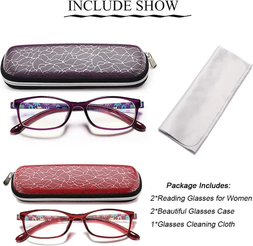 Miniatura 5 de EYEURL Gafas de lectura para mujer, con bloqueo de luz azul, juego de 2 patrones con diseño de valor para lectura (púrpura/rojo, 1.5)