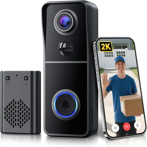 Miniatura 9 de AUE Timbre de puerta inalámbrico, timbre de video HD 2K con timbre de anillo, funciona con pilas, visión nocturna, audio de 2 vías, detección