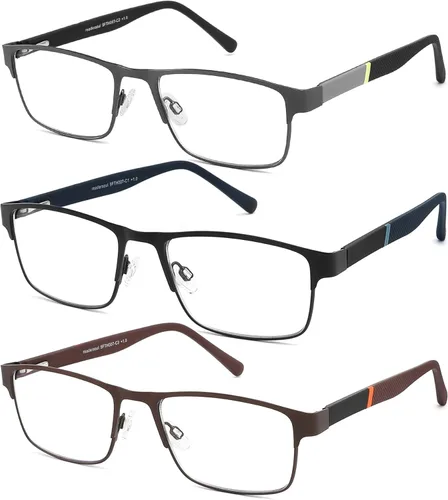 Paquete de 3 lentes de lectura para hombre, bloqueo de luz azul, marco de metal moderno, para lectura de computadora con bisagras de resorte,
