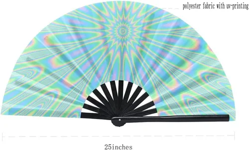 Miniatura 44 de HeyToo Ventilador de mano grande para mujeres/hombres, con brillo UV, para Drag Queen, cosplay, EDM, club, fiesta, música, festival, baile, Cuadrado