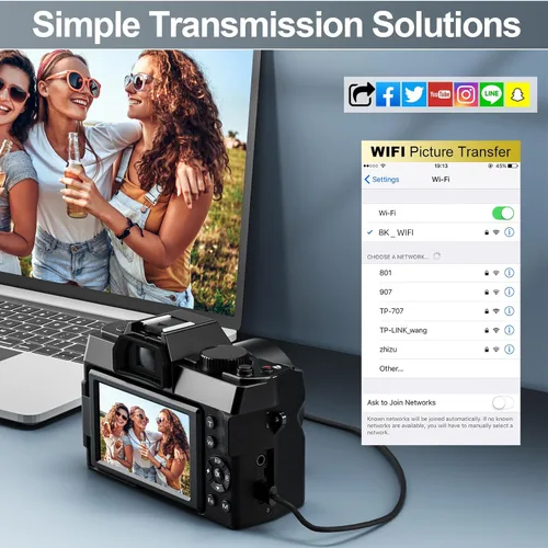Miniatura 8 de Cámaras digitales de 8K y 64MP para fotografía, zoom de 16X, WiFi, pantalla abatible de 180°, enfoque automático, antivibración, lente gran angular