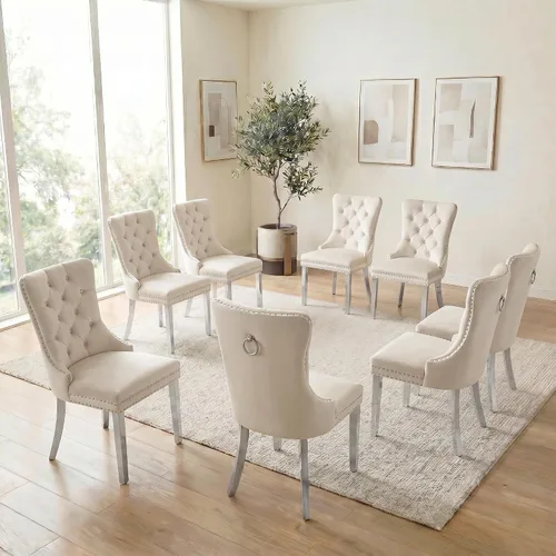 Miniatura 62 de Juego de 6 sillas de comedor de terciopelo, sillas tapizadas con respaldo alto capitoné con ribete de cabeza de clavo y anillo de tracción, patas