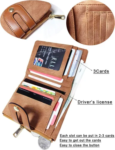 Miniatura 30 de AOXONEL Cartera pequeña de cuero plegable Rfid para mujer, con cremallera, bolsillo para tarjeta de identificación, delgada, compacta y delgada