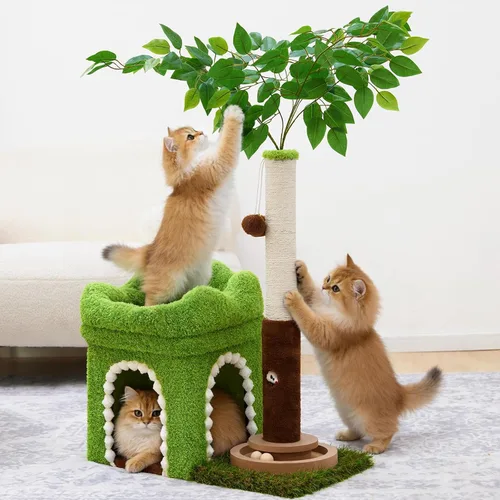 Miniatura 2 de Woochpet Árbol pequeño para gatos con poste rascador y pista de bolas, torre verde para gatos con hojas realistas para gatitos y gatos pequeños